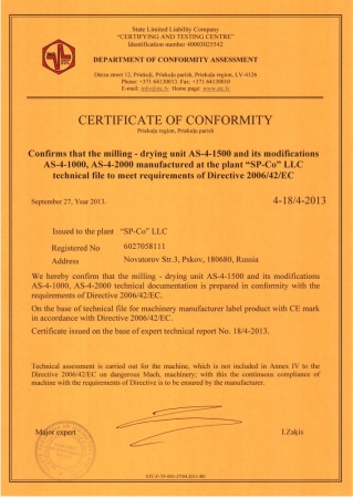 CE certificate on milling-drying Units of AS series